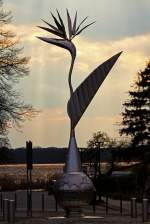 Das Strelitzien-Denkmal in Neustrelitz steht im Kreisverkehr nahe des Zierker Sees.