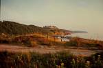 Bornholm, Hammerhus im Abendlicht im Aug.1985, Nordeuropas grte Burgruine liegt ber 70m hoch an der Kste, Scan vom Dia, Jan.2011