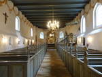 Sebbersund, Innenraum der Klosterkirche, Altar von 1750, Kanzel um 1600, Gestühl von 1739 (22.09.2020)