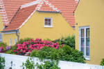 Gelb gestrichener Giebel eines Hauses im M�llevang in Skagen.