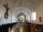 Saltum, gotischer Innenraum der evangelischen Kirche, Kreuzigungsgruppe von 1500 (23.09.2020)