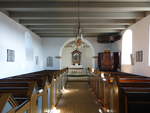 Ljorslev, Innenraum der evangelischen Dorfkirche, Barockkanzel von 1706 (20.09.2020)