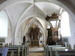 Jystrup, Altar und Kanzel in der evangelischen Dorfkirche (22.07.2021)