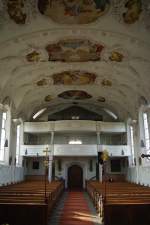Frauenzell, Maria Himmelfahrt Kirche, Orgelempore mit Orgel von 1714 und Deckenfresken, Landkreis Ravensburg (03.11.2011)