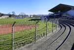 Freiburg, das Msle-Stadion im Stadtteil Waldsee, war bis 2000 Spielsttte des FC Freiburg und beherbergt jetzt die Fuballschule des SC Freiburg, Feb.2022 
