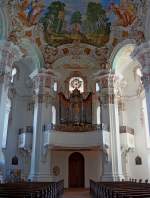 Steinhausen, Blick zur Orgelempore in der Wallfahrtskirche, April 2010