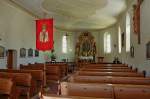 Alleshausen, der Innenraum der St.Blasius-Kirche mit wertvollen gotischen Bildwerken, Aug.2012