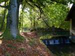 Hugstetten, Brcke ber den Mhlgraben und kleiner Wasserfall im ehemaligen Schlopark, Okt.2014