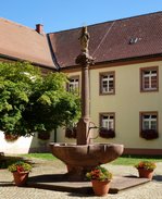 St.Mrgen, der Brunnen im Innenhof des ehemaligen Augustiner-Chorherrenstifts, Juli 2015
