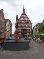 Besigheim, alemannischer Marktbrunnen und Rathaus von 1459 am Marktplatz (24.06.2018)