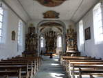 Bad Waldsee, Innenraum der Frauenbergkapelle, Deckenfresken von Eustachius Gabriel, Hochaltar von Hans Zrn (28.03.2021)