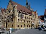 Ulm, das Rathaus wurde 1370 als Kaufhaus erbaut und ist seit 1419 bis heute Rathaus, erste Fresken stammen von 1540, jetzige Fassadenmalerei von 1898-1905, Juni 2005