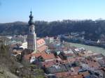 Burghausen,die Stadt mit der lngsten Burganlage der Welt,  Blick auf Kirche und Altstadt,  2007