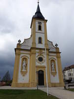 Hollfeld, Katholische Pfarrkirche Mari Himmelfahrt, Saalbau mit eingezogenem Chor, dreiseitigem Chorschluss, Portalturm, erbaut von 1778 bis 1782 von Johann Joseph Vogel (16.04.2017)