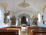 Grafenwiesen, Kanzel und Altre im Neurokoko in der Pfarrkirche Hl.