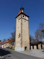 Bad Rodach, Kupferturm, sptmittelalterlicher Stadtmauerturm mit einem Fachwerkobergeschoss sowie einem Walmdach und Dachreiter (08.04.2018)