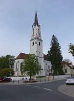 Gaimersheim, Maria Himmelfahrt Kirche, neugotische Hallenkirche mit Satteldach, erbaut 1860 von Mathias Berger, gusseiserner Turmhelm um 1854 (01.05.2016)