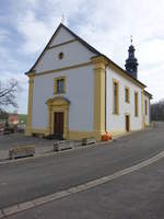 Eggenbach, Katholische Kuratie- und Wallfahrtskirche zur Schmerzhaften Muttergottes, Chor von 1709, Langhaus erbaut 1730 durch Johann Georg Salb (09.04.2018)