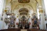 Pfarrkirche Mari Geburt Schieen, Blick auf Kanzel und Altre,   Fresken von Konrad Huber, Landkreis Neu-Ulm (07.04.2011)  