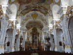 Frstenzell, barocker Innenraum der Kklosterkirche Maria Himmelfahrt, erbaut ab 1739 durch Johann Michael Fischer, Hochaltar von Johann Baptist Straub aus dem Jahr 1741, Seitenaltre von