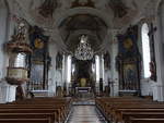 Prien, barocker Innenraum der Maria Himmelfahrt Kirche, Stuck und Deckengemlde (Seeschlacht von Lepanto) von Johann Baptist Zimmermann (26.02.2017)