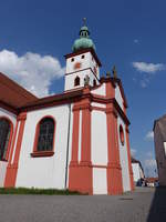 Tirschenreuth, Katholische Pfarrkirche Mari Himmelfahrt, Dreischiffige Staffelhalle mit eingezogenem Chor, Chor erbaut 1475, Langhaus von 1669, verlngert von 1722 bis 1723 durch Philipp