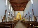 Regensburg, Innenraum der Herz Jesu Kirche, erbaut von 1928 bis 1930, dreischiffige Basilika, kassettierte Decke ist mit Goldsternen (28.02.2021)