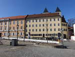 Regensburg, Gebude und Turmspitzen der Schottenkirche St.