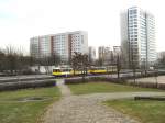 Blick auf die Neubauten von Marzahn, schneeloser Winter am 17.