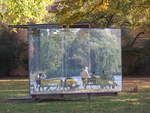 Hamburg am 11.10.2018: Spiegelungen im „Double Triangular Pavilion for Hamburg“ des Künstlers Dan Graham, in der Parkanlage „Uhlenhorster Fährhaus“ an der