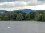 Aufnahme am Rande des Hessentages, Blick vom Buga-Park hinber zum Herkules, mit auf der Aufnahme eine Schwan-Mutter mit ihren Jungen (23.6.2013).