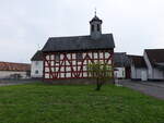 Reinhardshain, kleine evangelische Fachwerkkirche am Festplatz (30.04.2022)