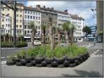 Der Stresemannplatz in Dsseldorf nach der Neugestaltung mit den Yucca-Pflanzen und den Autoreifen.