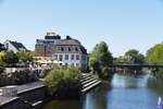 RHEINE (Kreis Steinfurt), 28.06.2019,  Blick von der Nepomukbrcke auf die Emsterrassen vor dem Strterschen Haus