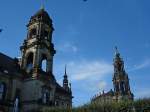 Dresden, links der 50m hohe Turm des Ständehauses, in der Mitte der Schloßturm, auch Hausmannsturm genannt mit Aussichtsplatform, rechts der Turm der kath.Hofkirche, gesehen von der Brühlschen