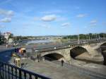 Dresden, Blick von der Brhlschen Terrasse auf die Augustusbrcke und im Hintergrund die Marienbrcke, Okt.2009