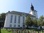 Mildenau, evangelische Kirche, klassizistische Saalkirche mit Nordturm, erbaut von 1834 bis 1839 (20.08.2023)