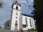 Grnhainichen, evangelische Kirche, Saalkirche mit Westturm, erbaut von 1848 bis 1850 (17.09.2023)