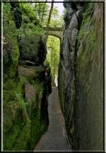 Die  Ritterschlucht  fhrt den Wanderer auf den Berg Oybin; Mai 2005.