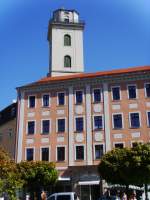 Am Markt in der Zittauer Altstadt, im Hintergrund die Johanniskirche.