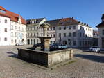 Oederan, Marktbrunnen von 1850 am Markt, markanter Sandsteinbrunnen von knstlerischer und platzbildprgender Bedeutung, erbaut von Adolph Gottlob Fiedler (17.09.2023)