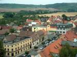 Laucha an der Unstrut - Blick vom Kirchturm Richtung Unterstadt - vorn Schuhhaus Schulze - hinten rechts Mbelhaus Starch - 11.08.2004