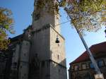 Laucha an der Unstrut - Markt - Glockenaufzug - Die erste Glocke schwebt am Kran nach oben - Foto vom 09.10.2009 