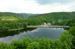 Schlo Burgk, Blick vom Schlo auf die angestaute Saale, die Talsperre Burgkhammer, Mai 2012