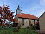 Htzelsroda, evangelische Erlserkirche, erbaut 1716 aus gelben Sandsteinquadern und Bruchsteinen (12.11.2022)