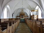 Lellinge, Innenraum der evangelischen Dorfkirche, Altar und Kanzel von 1692 (19.07.2021)
