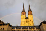 Regenbogen ber der Marktkirche von Halle (Saale).