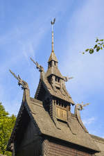 Das Dach Der Fantoft Stavkirke (Stabkirche) in der norwegischen Hansestadt Bergen.