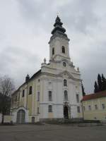 Stiftskirche Engelhartszell, erbaut ab 1699, Einturm Fassade in Anlehnung an das   Mutterkloster Wilhering, heute Trappisten Klosterkirche (06.04.2013)