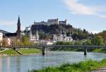 Salzburg - Ansicht von Norden auf die Festung ber der Altstadt und links der Salzach die evang.